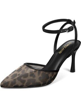 Women's Leopard Mesh Faux Leather Sparkly Closed Toes Heels With Ankle Strap
